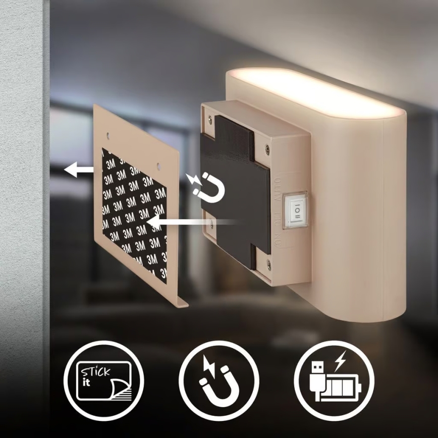 Briloner 3878011 - Įkraunamas LED sieninis šviestuvas CHAT su judesio ir sutemų jutikliu LED/3W/5V 2000 mAh smėlio spalvos