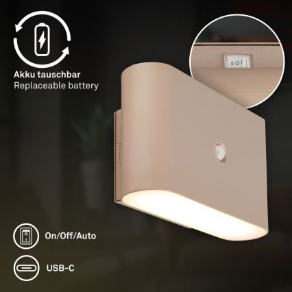 Briloner 3878011 - Įkraunamas LED sieninis šviestuvas CHAT su judesio ir sutemų jutikliu LED/3W/5V 2000 mAh smėlio spalvos