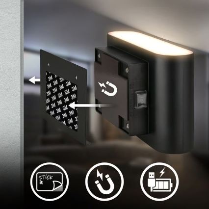 Briloner 3878015 - LED įkraunamas sieninis šviestuvas su judesio ir sutemų jutikliu CHAT LED/3W/5V 2000 mAh juodas
