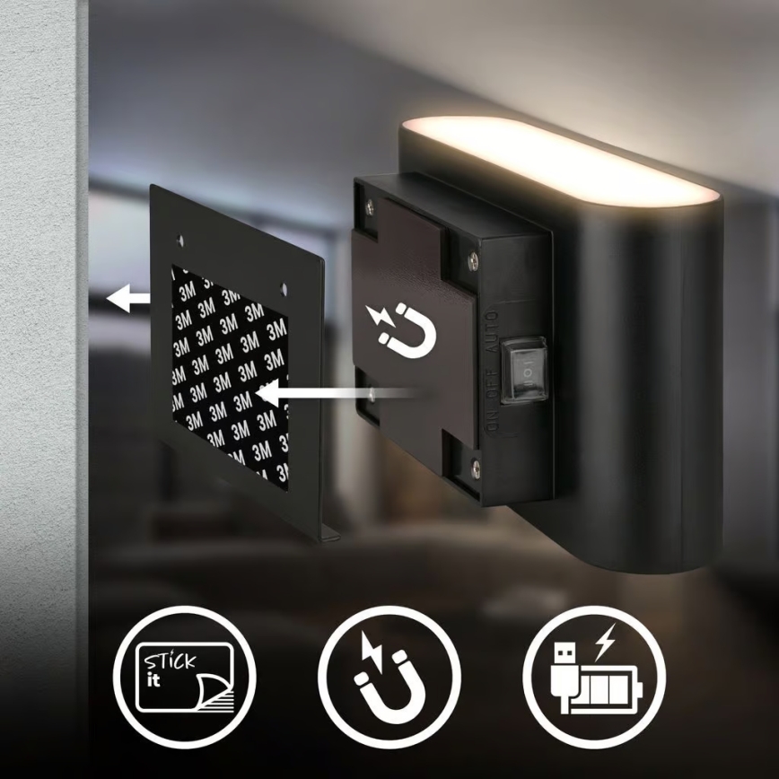 Briloner 3878015 - LED įkraunamas sieninis šviestuvas su judesio ir sutemų jutikliu CHAT LED/3W/5V 2000 mAh juodas