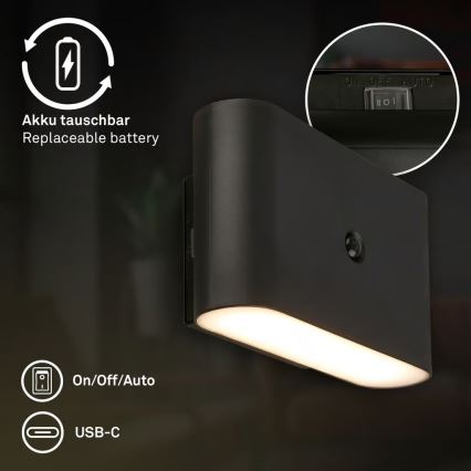 Briloner 3878015 - LED įkraunamas sieninis šviestuvas su judesio ir sutemų jutikliu CHAT LED/3W/5V 2000 mAh juodas