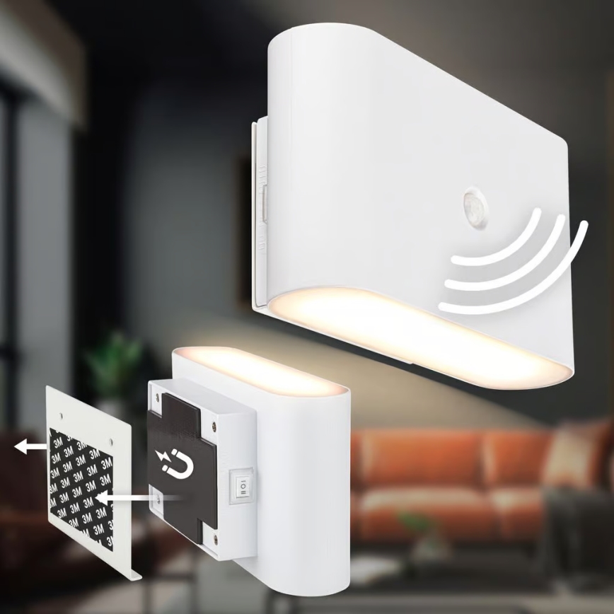 Briloner 3878016 - įkraunamas LED sieninis šviestuvas su judesio ir sutemos jutikliais CHAT LED/3W/5V 2000 mAh balta