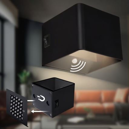 Briloner 3879015 - Įkraunamas LED sieninis šviestuvas su judesio ir sutemos jutikliu BORRA LED/1,5W/5V 3600 mAh juodas