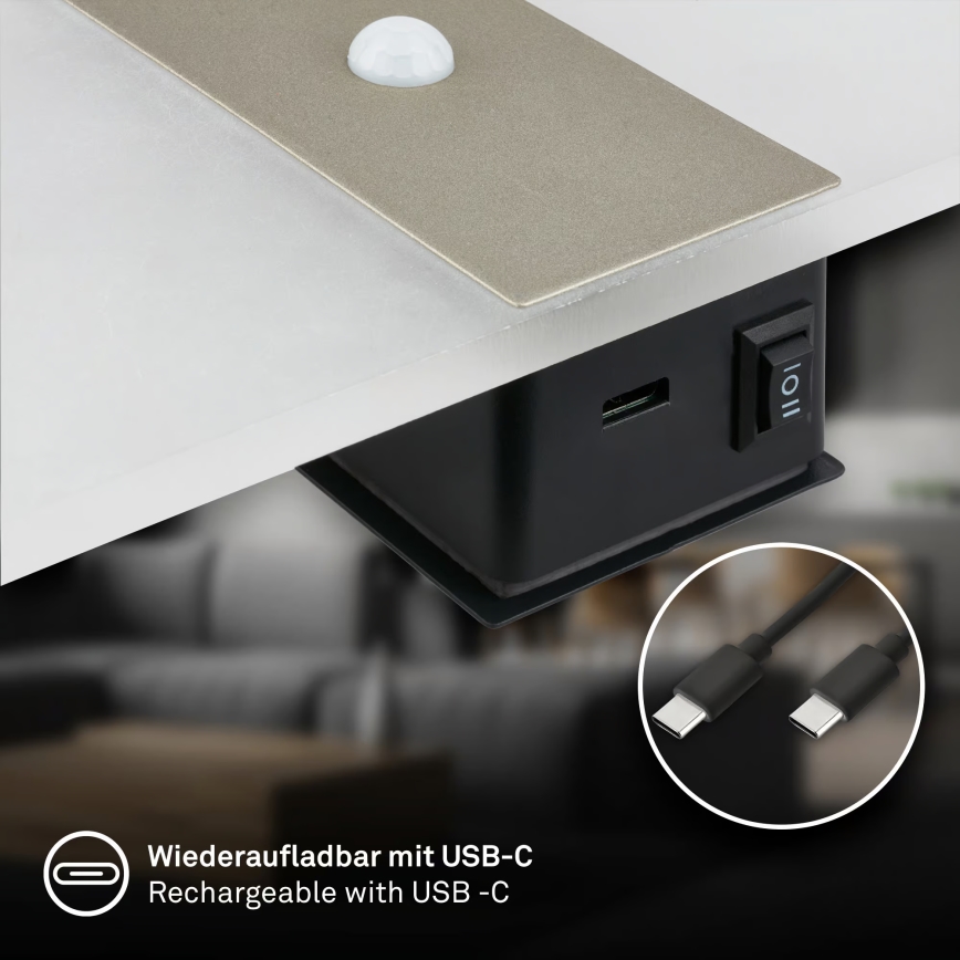 Briloner 3888012 - įkraunamas LED sieninis šviestuvas su judesio ir sutemos jutikliu AURA LED/2,5W/5V 1800 mAh matinis chromas