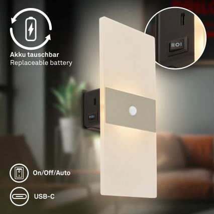 Briloner 3888012 - įkraunamas LED sieninis šviestuvas su judesio ir sutemos jutikliu AURA LED/2,5W/5V 1800 mAh matinis chromas