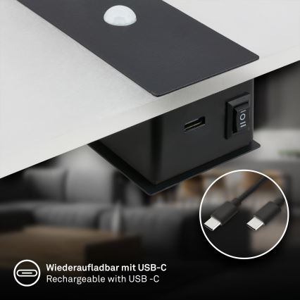 Briloner 3888015 - Įkraunamas sieninis LED šviestuvas AURA su judesio ir sutemos jutikliu, LED/2,5W/5V 1800 mAh, juodas