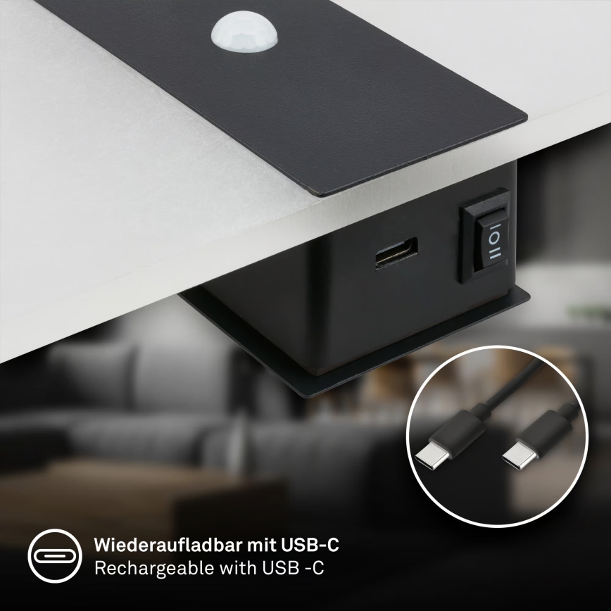 Briloner 3888015 - Įkraunamas sieninis LED šviestuvas AURA su judesio ir sutemos jutikliu, LED/2,5W/5V 1800 mAh, juodas