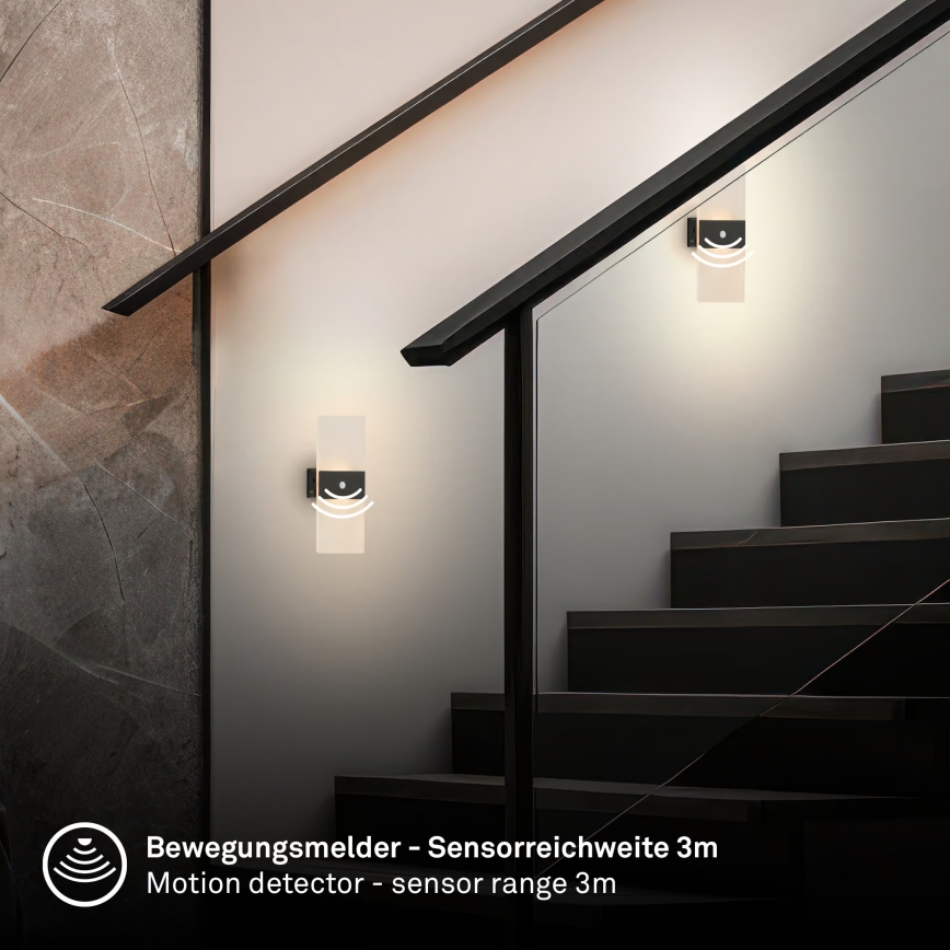 Briloner 3888015 - Įkraunamas sieninis LED šviestuvas AURA su judesio ir sutemos jutikliu, LED/2,5W/5V 1800 mAh, juodas