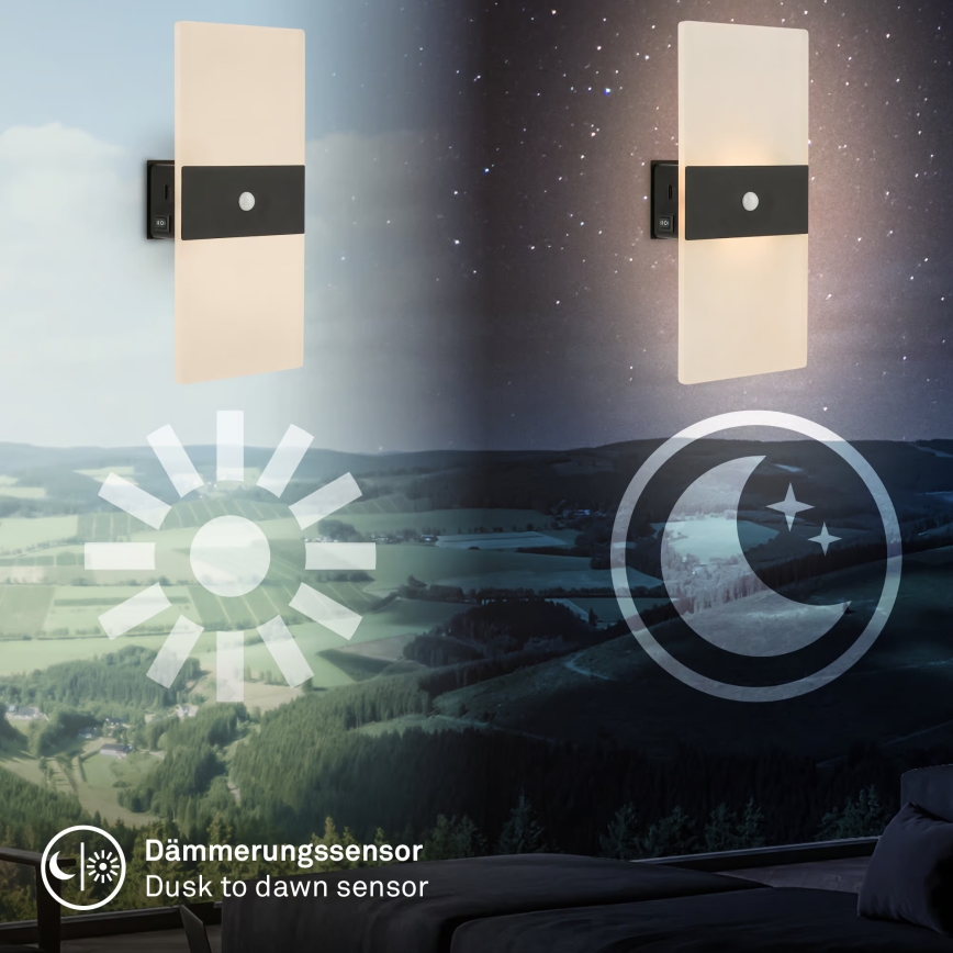 Briloner 3888015 - Įkraunamas sieninis LED šviestuvas AURA su judesio ir sutemos jutikliu, LED/2,5W/5V 1800 mAh, juodas