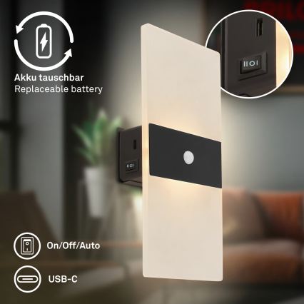 Briloner 3888015 - Įkraunamas sieninis LED šviestuvas AURA su judesio ir sutemos jutikliu, LED/2,5W/5V 1800 mAh, juodas