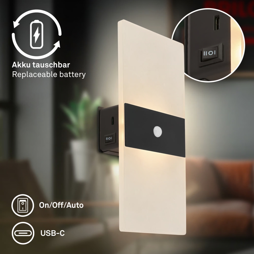 Briloner 3888015 - Įkraunamas sieninis LED šviestuvas AURA su judesio ir sutemos jutikliu, LED/2,5W/5V 1800 mAh, juodas
