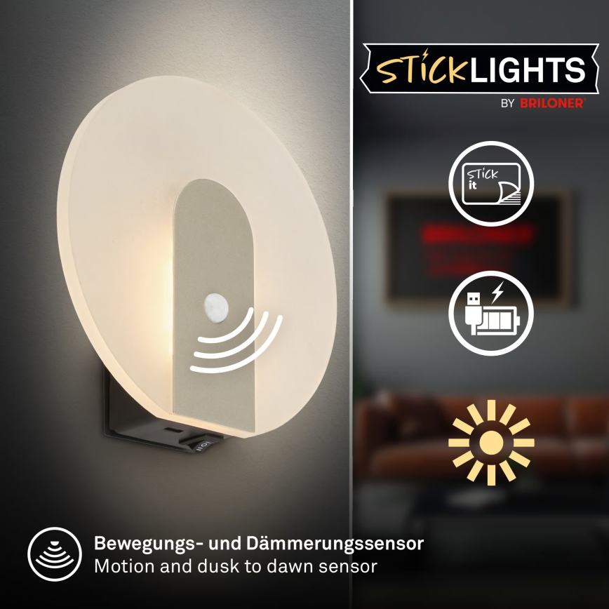 Briloner 3889012 - įkraunamas LED sieninis šviestuvas TARO su judesio ir sutemos jutikliu, LED/2,5W/5V, 1800 mAh, matinio chromo apdaila