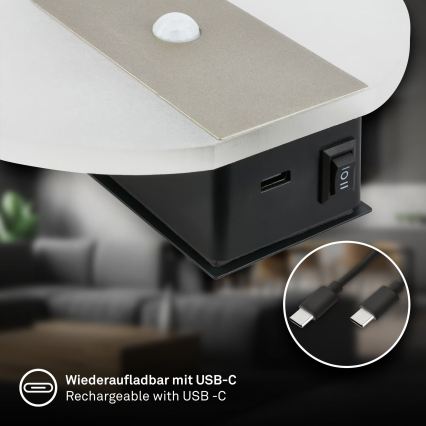 Briloner 3889012 - įkraunamas LED sieninis šviestuvas TARO su judesio ir sutemos jutikliu, LED/2,5W/5V, 1800 mAh, matinio chromo apdaila