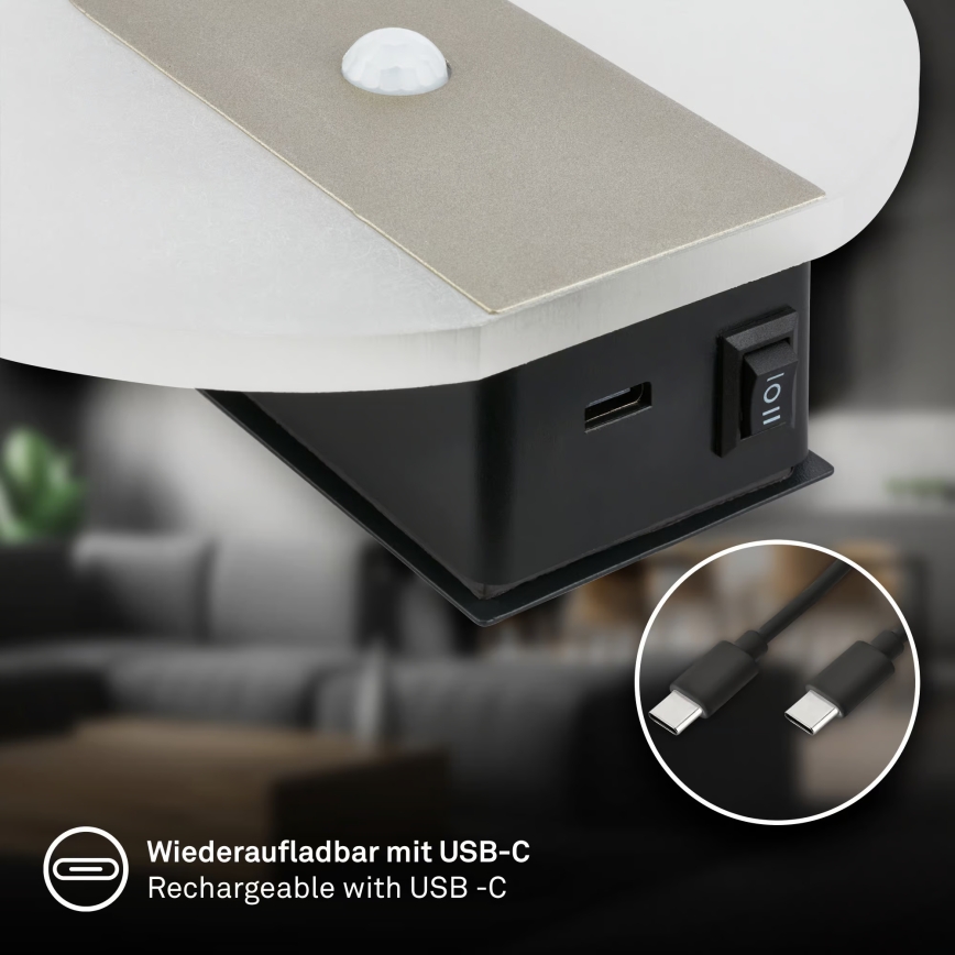 Briloner 3889012 - įkraunamas LED sieninis šviestuvas TARO su judesio ir sutemos jutikliu, LED/2,5W/5V, 1800 mAh, matinio chromo apdaila