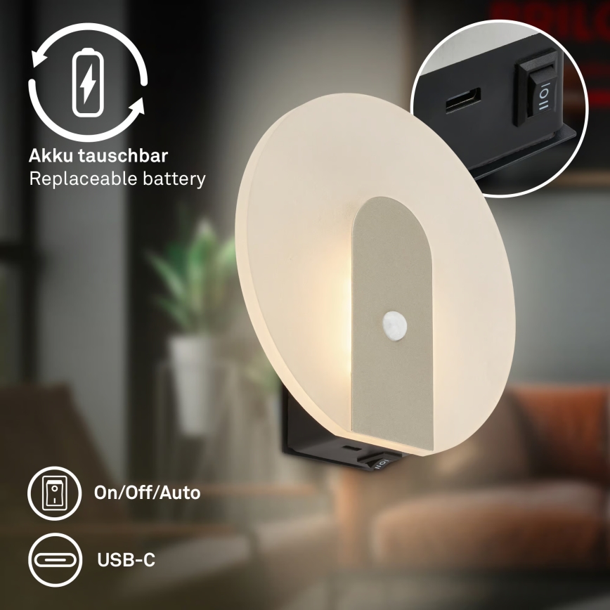Briloner 3889012 - įkraunamas LED sieninis šviestuvas TARO su judesio ir sutemos jutikliu, LED/2,5W/5V, 1800 mAh, matinio chromo apdaila