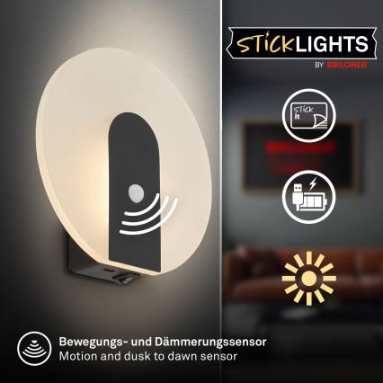 Briloner 3889015 - Įkraunamas LED sieninis šviestuvas su judesio ir sutemų jutikliu TARO LED/2,5W/5V 1800 mAh juodas