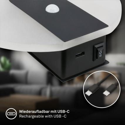 Briloner 3889015 - Įkraunamas LED sieninis šviestuvas su judesio ir sutemų jutikliu TARO LED/2,5W/5V 1800 mAh juodas