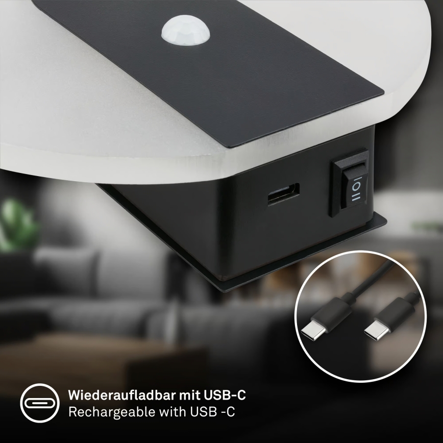 Briloner 3889015 - Įkraunamas LED sieninis šviestuvas su judesio ir sutemų jutikliu TARO LED/2,5W/5V 1800 mAh juodas