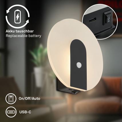 Briloner 3889015 - Įkraunamas LED sieninis šviestuvas su judesio ir sutemų jutikliu TARO LED/2,5W/5V 1800 mAh juodas
