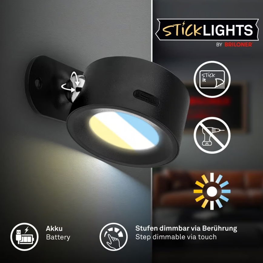 Briloner 3896015 - LED reguliuojamo ryškumo įkraunamas sieninis šviestuvas TARI LED/1,6W/5V 1500 mAh juodas