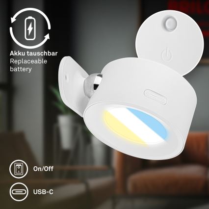 Briloner 3896016 - reguliuojamo ryškumo LED įkraunamas sieninis šviestuvas TARI LED/1,6W/5V 1500 mAh baltas