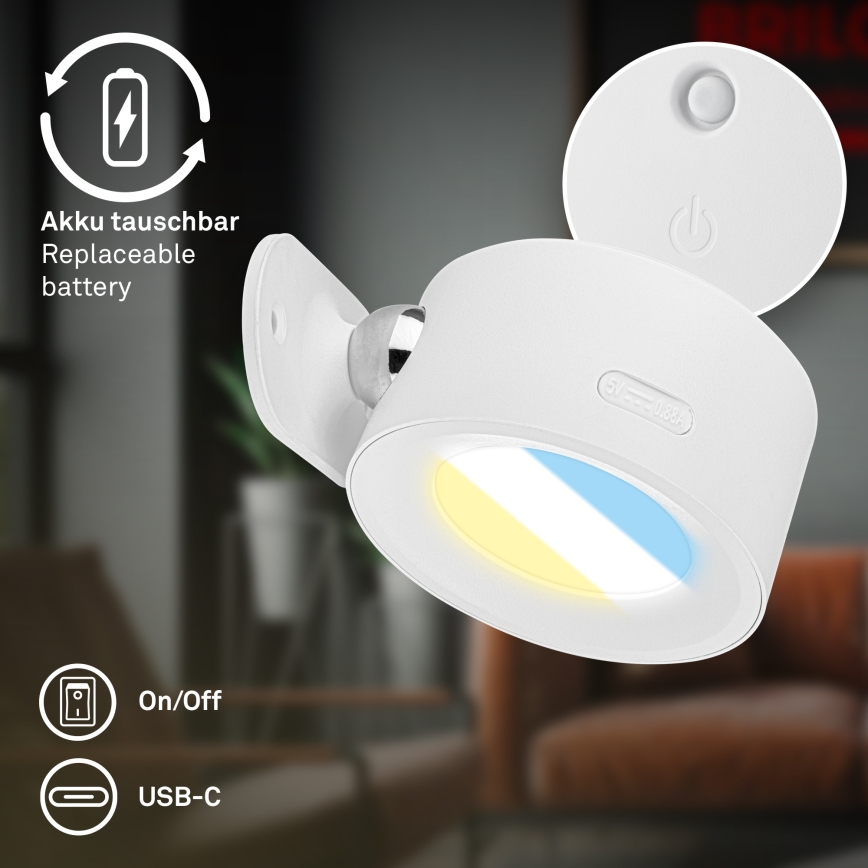 Briloner 3896016 - reguliuojamo ryškumo LED įkraunamas sieninis šviestuvas TARI LED/1,6W/5V 1500 mAh baltas
