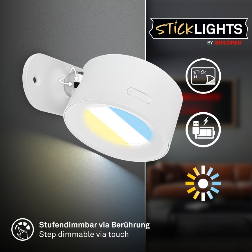 Briloner 3896016 - LED dimeriuojamas įkraunamas sieninis šviestuvas TARI LED/1,6W/5V 1500 mAh balta