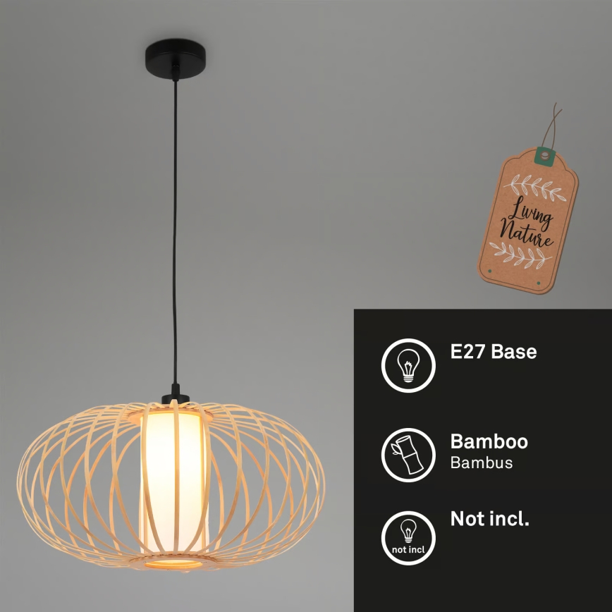 Briloner 4759011 - Pakabinamas šviestuvas ant laido 1xE27/10W/230V juodas/bambukas