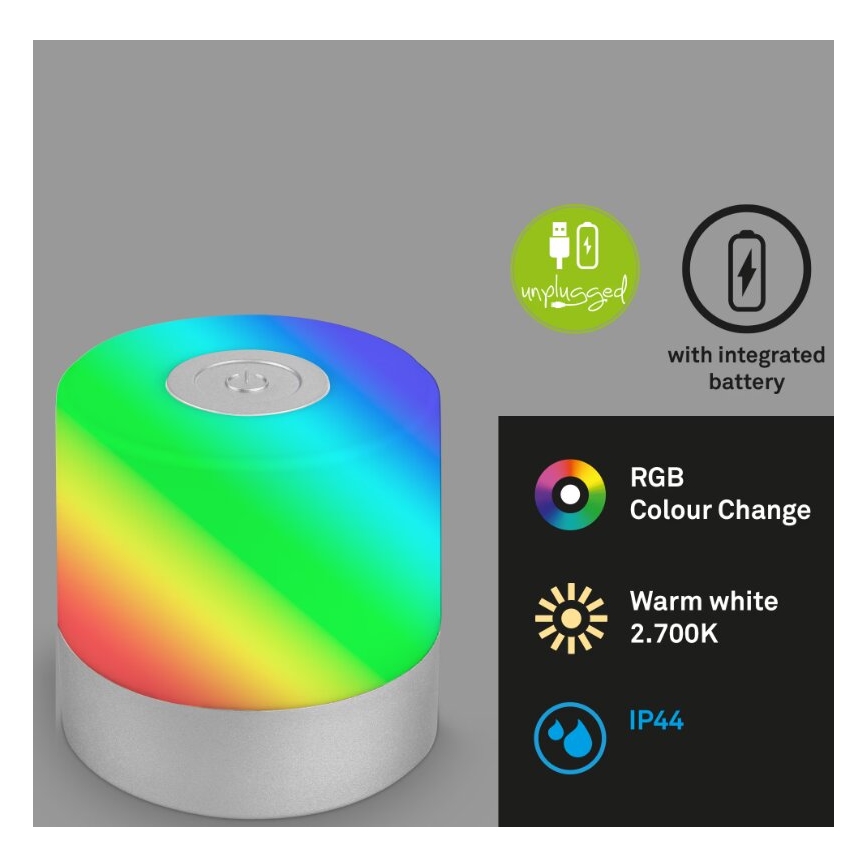Briloner 7462014 - LED RGB Įkraunamas lauko Stalinis šviestuvas LED/1,5W/5V IP44 1200 mAh matinis chromas