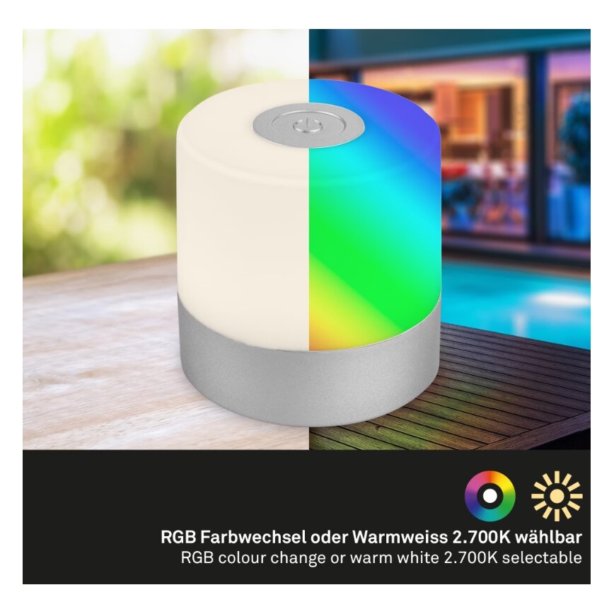 Briloner 7462014 - LED RGB Įkraunamas lauko Stalinis šviestuvas LED/1,5W/5V IP44 1200 mAh matinis chromas