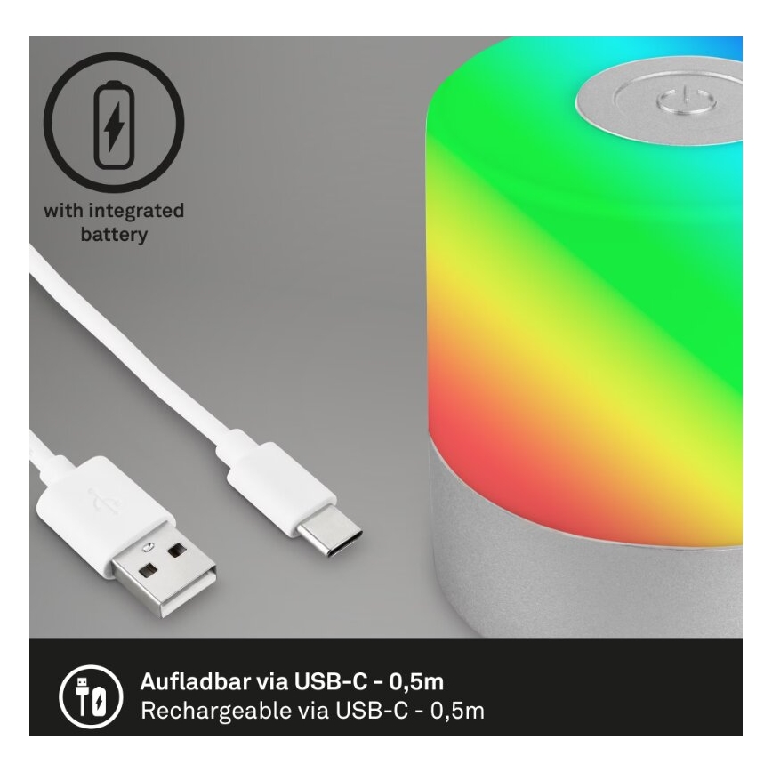 Briloner 7462014 - LED RGB Įkraunamas lauko Stalinis šviestuvas LED/1,5W/5V IP44 1200 mAh matinis chromas