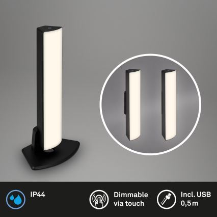 Briloner 7474-015 - LED reguliuojama lietimui jautri lauko stalo lempa 2in1 LED/7W/5V 2x2200 mAh USB 3000K IP44 juoda