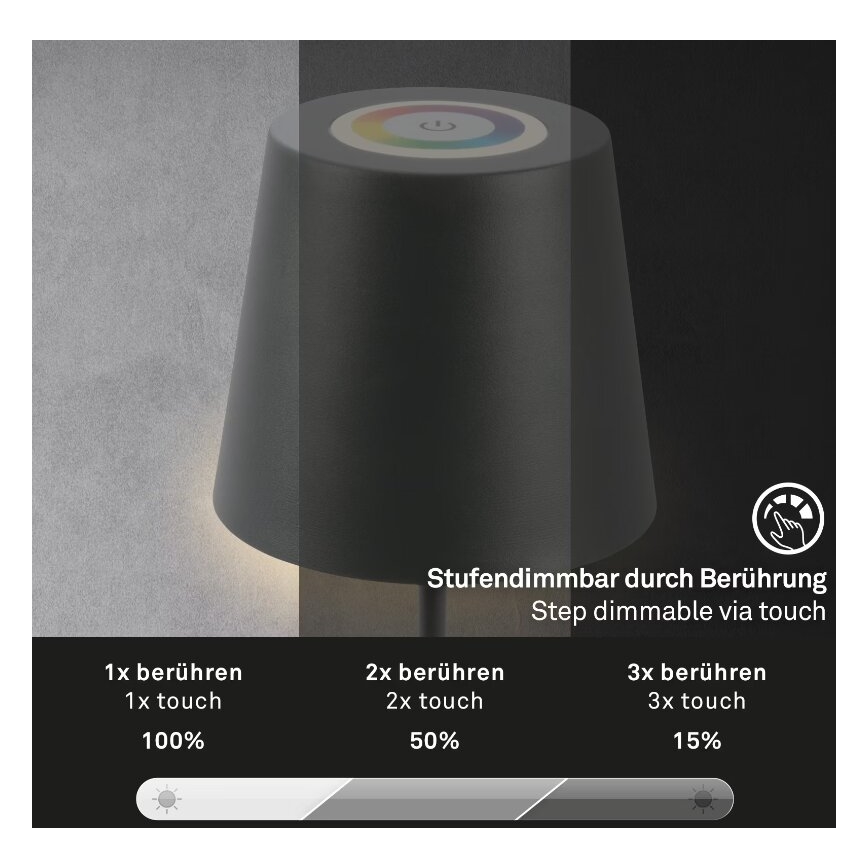 Briloner 7507015 - LED RGB reguliuojamas įkraunamas lauko stalinis šviestuvas 2 viename LED/2,5W/5V IP44 1200 mAh antracitas