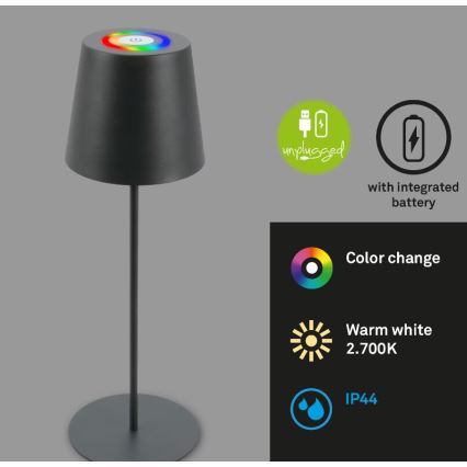 Briloner 7507015 - LED RGB Pritemdoma įkraunama lauko stalinė lempa 2in1 LED/2,5W/5V IP44 antracitas