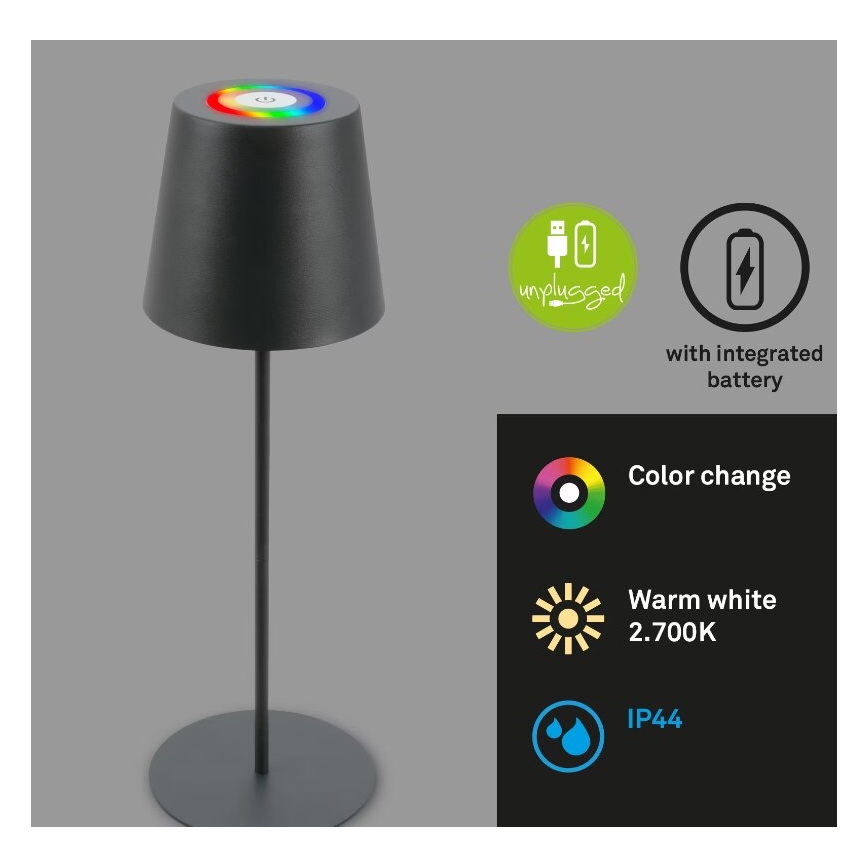 Briloner 7507015 - LED RGB Pritemdoma įkraunama lauko stalinė lempa 2in1 LED/2,5W/5V IP44 antracitas