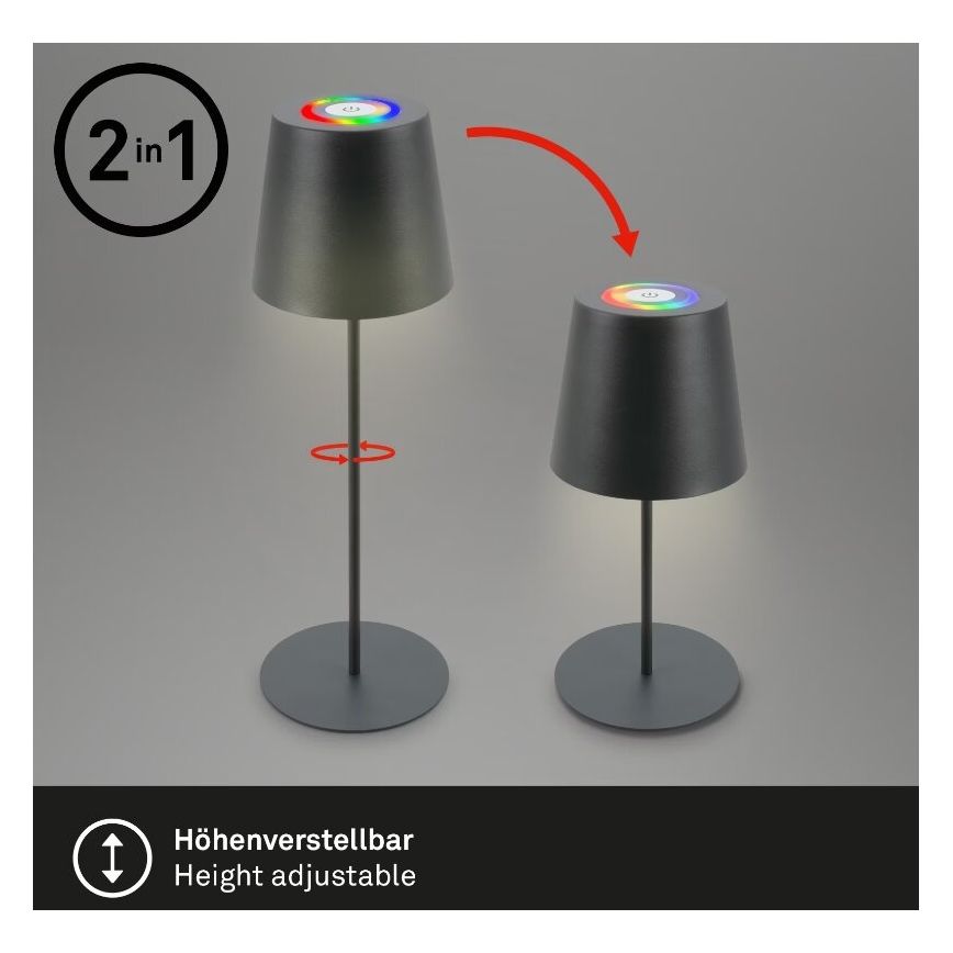 Briloner 7507015 - LED RGB Pritemdoma įkraunama lauko stalinė lempa 2in1 LED/2,5W/5V IP44 antracitas