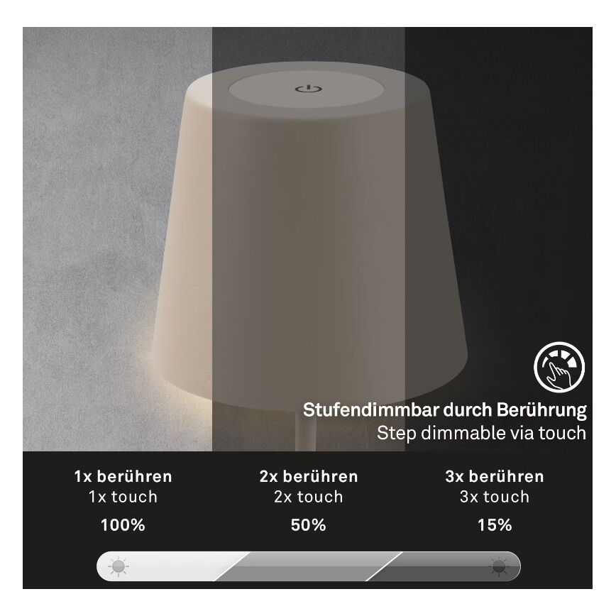 Briloner 7508011 - LED dimeriuojamas įkraunamas lauko stalinis šviestuvas 2in1 LED/2,5W/5V IP44 1200 mAh smėlio spalvos