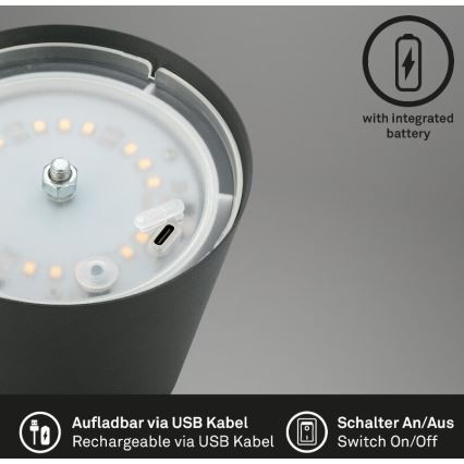 Briloner 7508015 - LED Pritemdoma įkraunama lauko stalinė lempa 2in1 LED/2,5W/5V IP44 antracitas