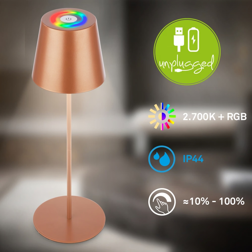 Briloner 7510013 - LED RGBW dimeriuojama lauko įkraunama stalo lempa CALIDA LED/2,5W/5V IP44 1200 mAh bronzinė