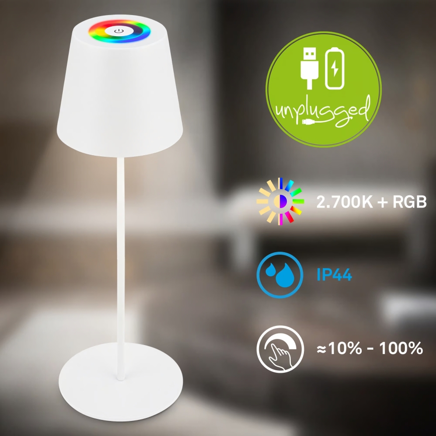 Briloner 7510016 - LED RGBW dimeriuojamas lauko įkraunamas stalinis šviestuvas CALIDA LED/2,5W/5V IP44 1200 mAh balta