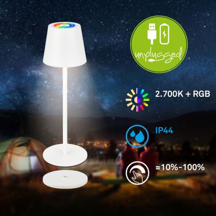 Briloner 7517016 - CILANO įkraunama, dimeriuojama LED RGBW lauko stalinė lempa LED/3W/5V IP44 2000 mAh balta