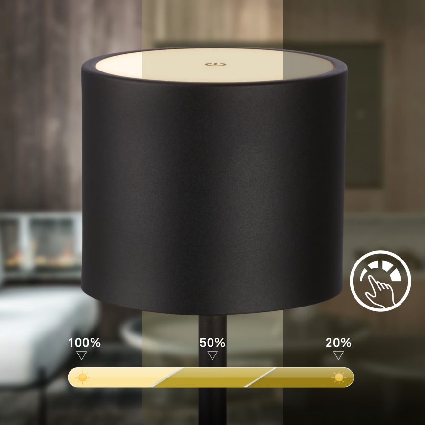 Briloner 7521015 - SIGO LED reguliuojamo ryškumo lauko įkraunama stalinė lempa, 2,5W/5V, IP44, 2600 mAh, juoda