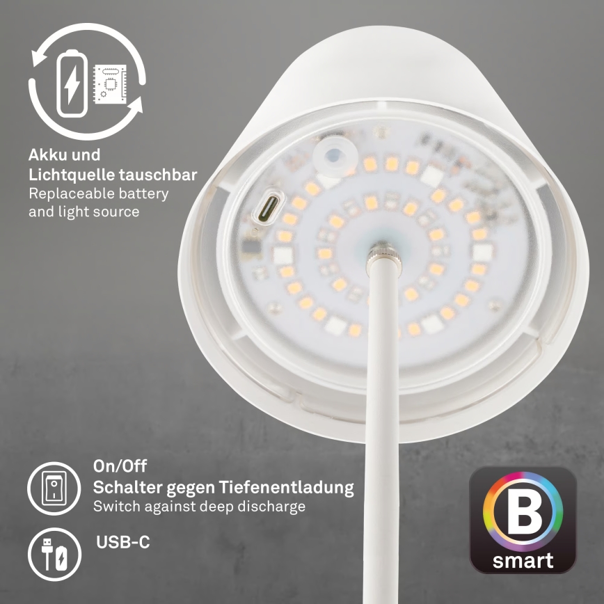 Briloner 7559016 - reguliuojama LED RGB įkraunama lauko stalinė lempa COLORIS LED/3,5W/5V IP44 2000 mAh Wi-Fi Tuya