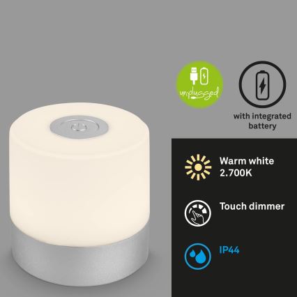 Briloner - LED dimeriuojama įkraunama jutiklinė lauko stalinė lempa LED/2W/5V 2700K IP44 1200 mAh matinis chromas