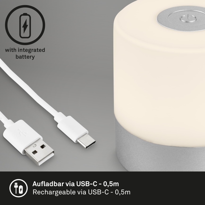 Briloner - LED dimeriuojama įkraunama jutiklinė lauko stalinė lempa LED/2W/5V 2700K IP44 1200 mAh matinis chromas