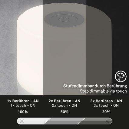 Briloner - LED dimeriuojama įkraunama jutiklinė lauko stalinė lempa LED/2W/5V 2700K IP44 1200 mAh matinis chromas