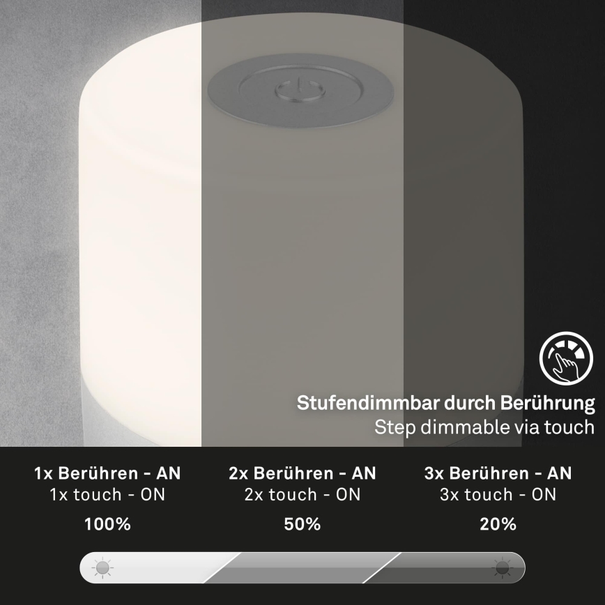 Briloner - LED dimeriuojama įkraunama jutiklinė lauko stalinė lempa LED/2W/5V 2700K IP44 1200 mAh matinis chromas