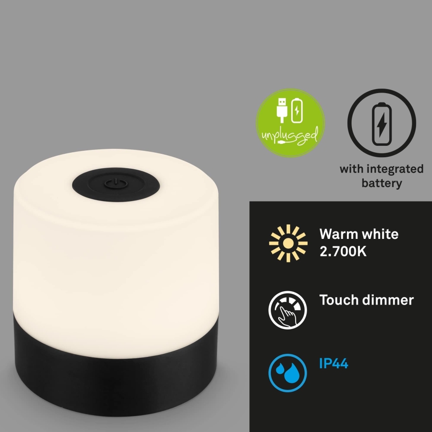 Briloner - LED reguliuojama įkraunama jutiklinė lauko stalinė lempa LED/2W/5V 2700K IP44 1200 mAh juoda