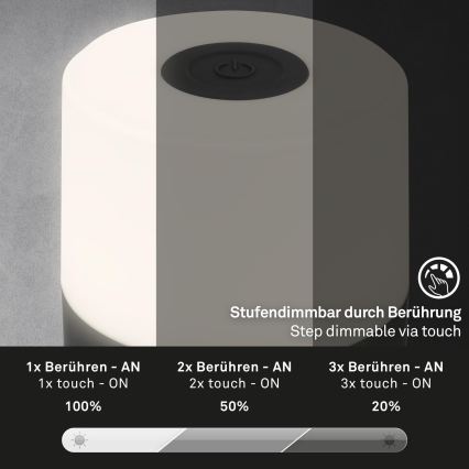 Briloner - LED reguliuojama įkraunama jutiklinė lauko stalinė lempa LED/2W/5V 2700K IP44 1200 mAh juoda