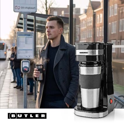 Butler - Vieno puodelio kavos aparatas 0,4 l su kelioniniu puodeliu 750W/230V nerūdijančio plieno/juoda